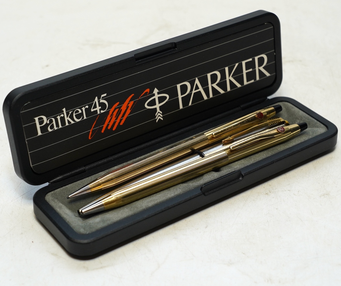 A Parker ballpoint pen, a rolled gold ballpoint pen and propelling pencil (3). Condition - good but not tested as working